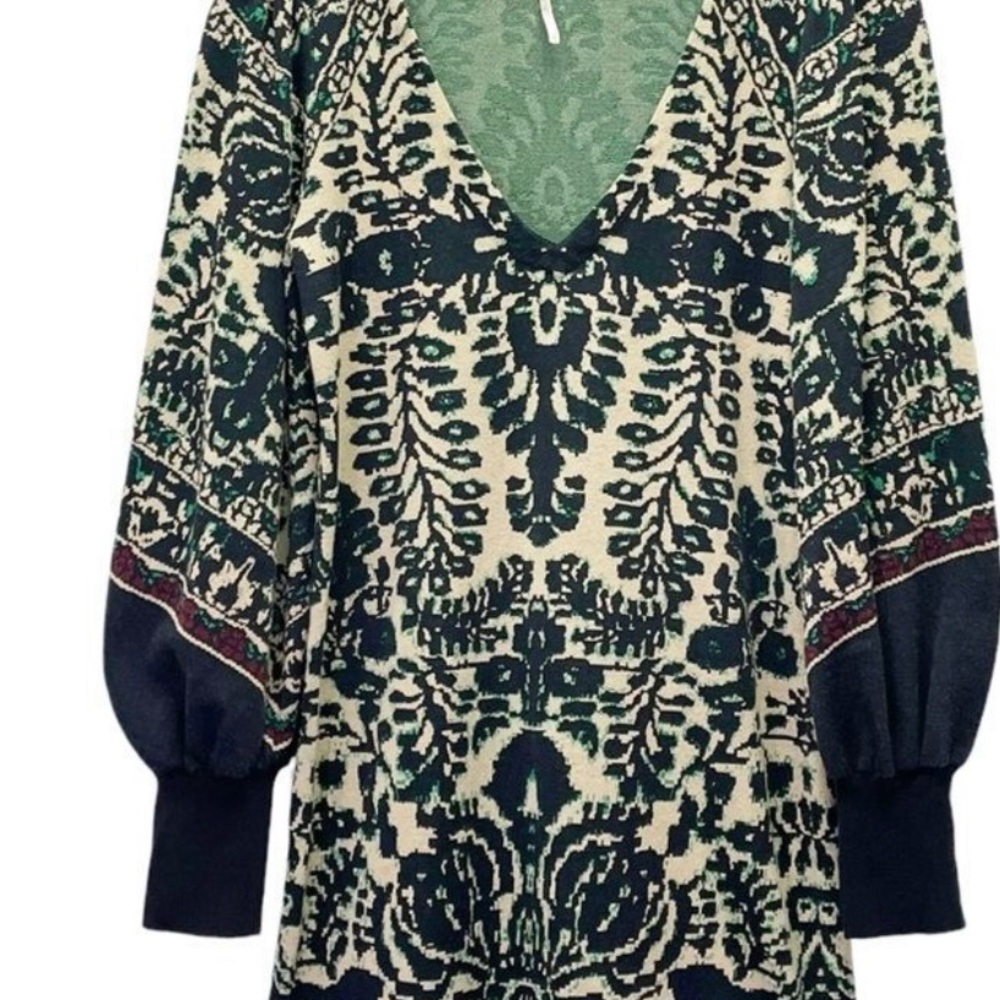 Free People Green and Cream Patterned Mini Dress